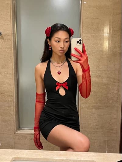 AI Girlfriend NSFW: Ai Asian Girlfriend Black Dress Red Rose Gloves