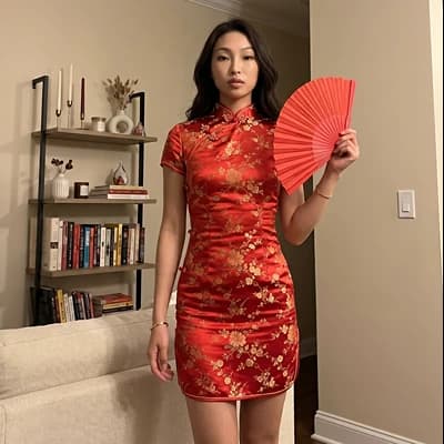 NSFW AI Chat: Ai Asian Girlfriend Red Cheongsam Dress Fan Pose
